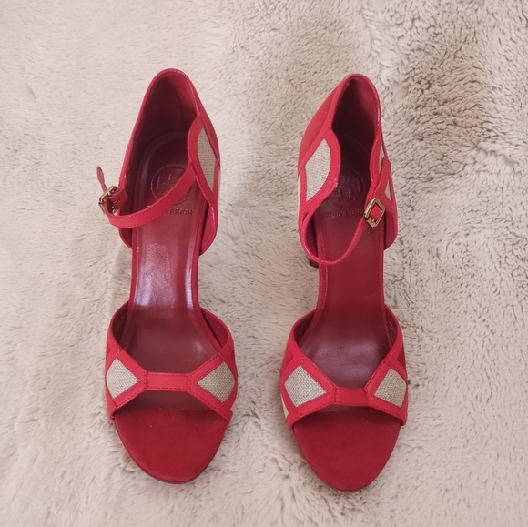Tory Burch Rare NWT Red Volcan Suede and Tweed Art Deco Ankle Strap Heels - Picture 1 of 5